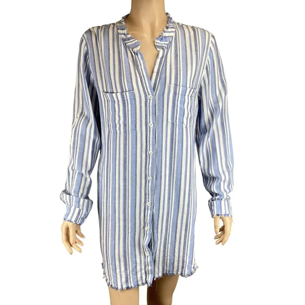 Cloth & Stone‎ Anthropologie Dress Tunic Size Medium Striped Frayed Linen Blend - Picture 2 of 10